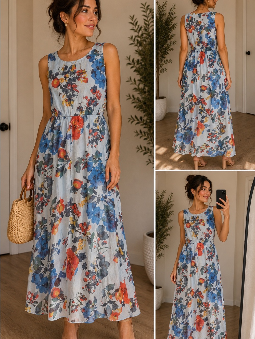 Blue Floral Sleeveless Maxi Dress – Elegant Everyday Wear